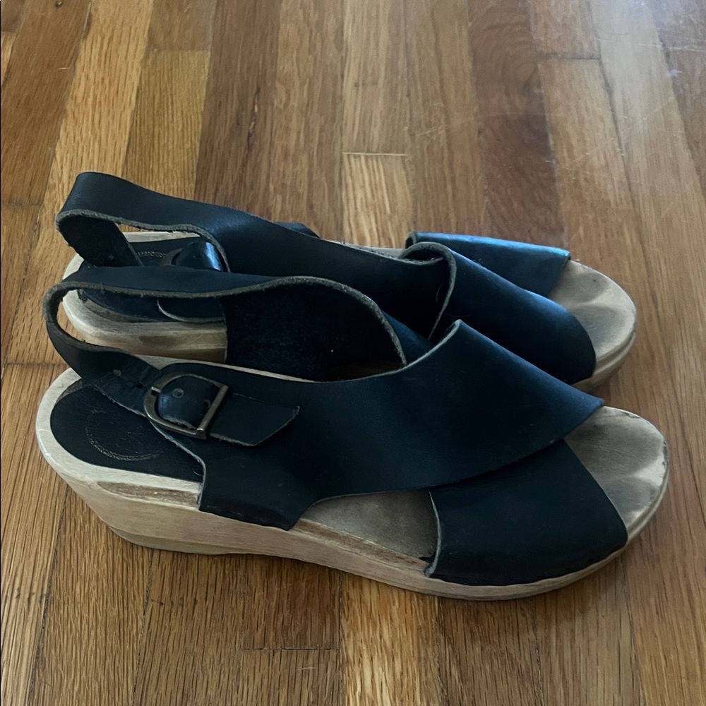 No. 6 Black Leather Wedge clogs